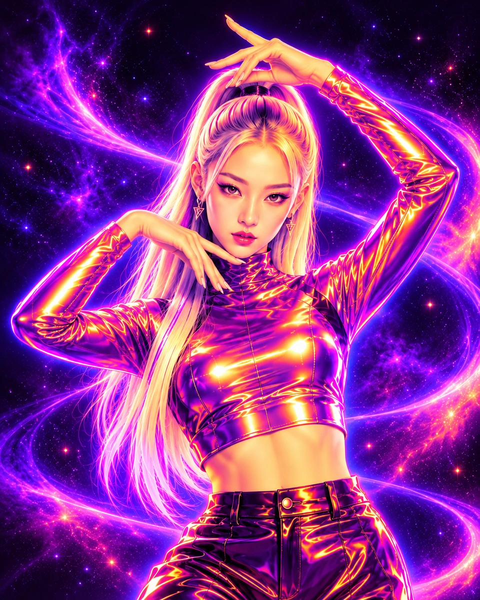 Concept illustration of a dancer with a silver ponytail striking a vogue pose in glowing thermal-camera colors against a purple starfield