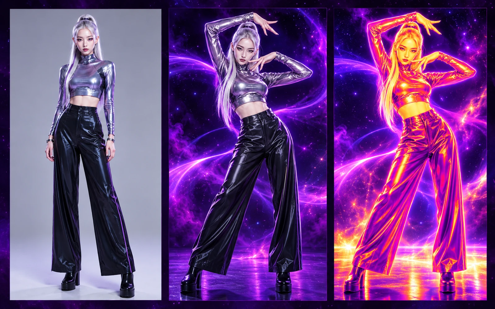 Concept illustration in three panels: a character's photo, the same character dancing in natural colors, and the same dance in thermal-camera colors