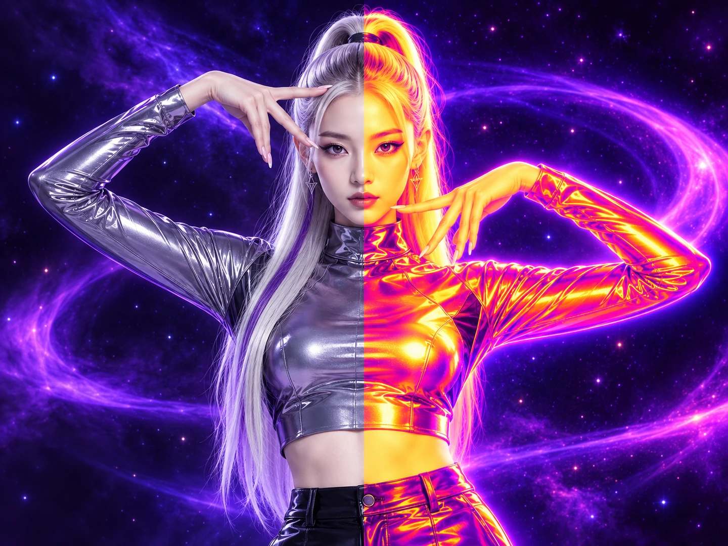 Concept illustration of one dance pose split down the middle: natural colors on the left, thermal-camera colors on the right